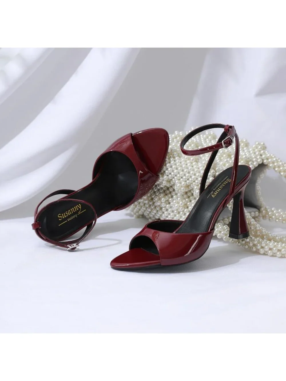 Women's Burgundy High Heel Pointed Open Toe Strappy Chunky Block Sexy Dress Shoe